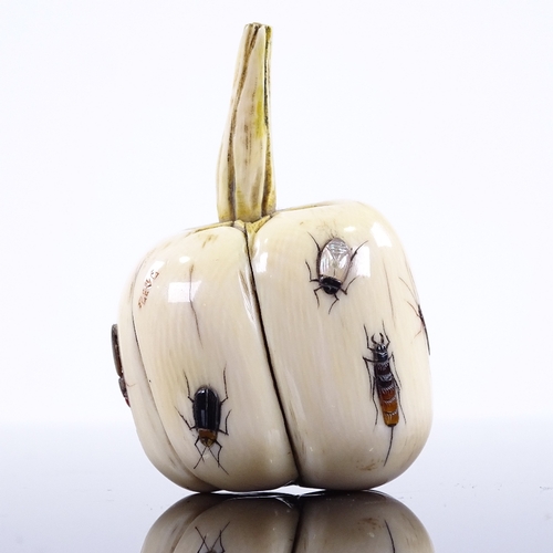 381 - A Japanese ivory and Shibayama gourd fruit, with inlaid hardstone and mother-of-pearl insects, heigh... 