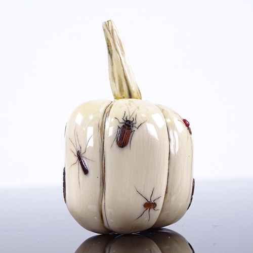 381 - A Japanese ivory and Shibayama gourd fruit, with inlaid hardstone and mother-of-pearl insects, heigh... 