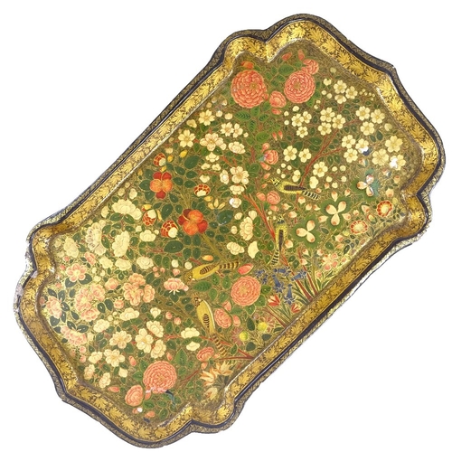 4 - A 19th century Indian Kashmir papier mache tray, with detailed hand painted and gilded exotic birds ... 