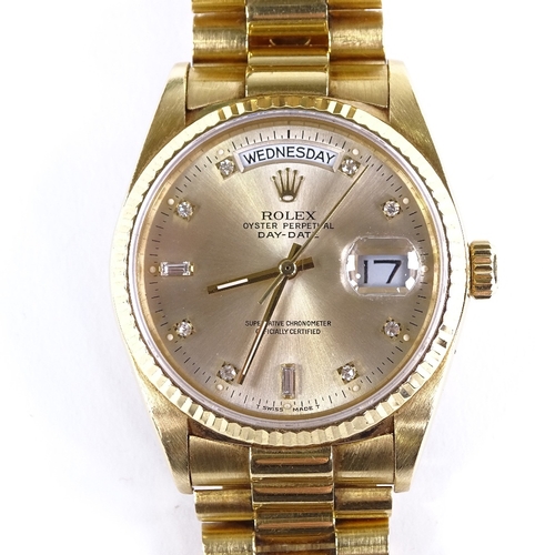 425 - ROLEX - an 18ct gold diamond Oyster Perpetual Day-Date automatic wristwatch, ref. 18038, circa 1988,... 