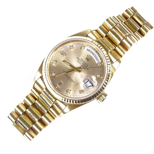 425 - ROLEX - an 18ct gold diamond Oyster Perpetual Day-Date automatic wristwatch, ref. 18038, circa 1988,... 