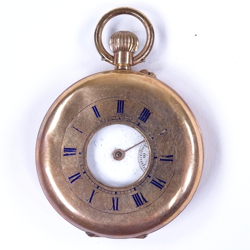 430 - A 9ct rose gold half-hunter side-wind pocket watch, white enamel dial with painted Roman numeral hou... 