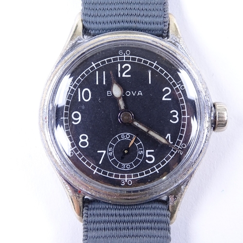 435 - BULOVA - an American Second War Period military issue nickel plated mechanical wristwatch, black dia... 