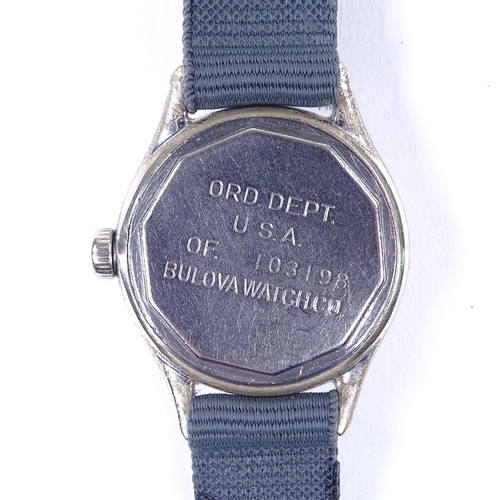 435 - BULOVA - an American Second War Period military issue nickel plated mechanical wristwatch, black dia... 