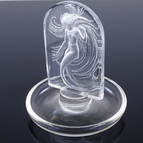 44 - LALIQUE GLASS - Mermaid design pin dish with relief moulded oval panel, engraved signature, height 1... 