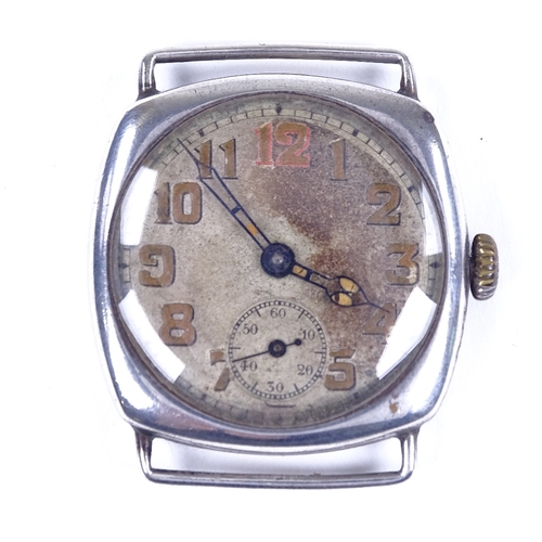 442 - A First War Period silver cushion-cased mechanical wristwatch head, silvered dial with Arabic numera... 