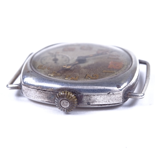 442 - A First War Period silver cushion-cased mechanical wristwatch head, silvered dial with Arabic numera... 