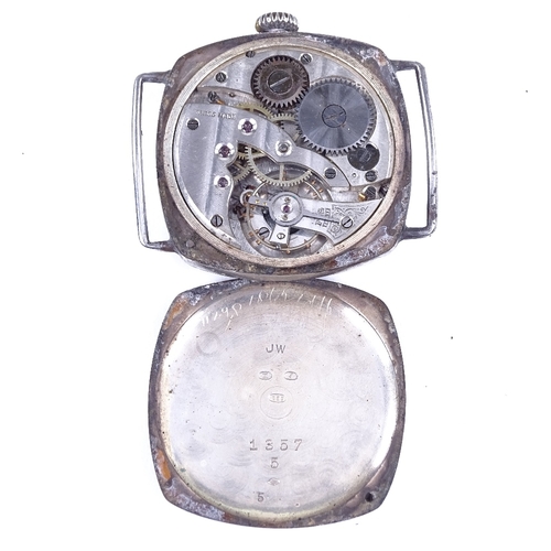 442 - A First War Period silver cushion-cased mechanical wristwatch head, silvered dial with Arabic numera... 