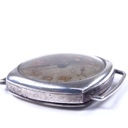 442 - A First War Period silver cushion-cased mechanical wristwatch head, silvered dial with Arabic numera... 