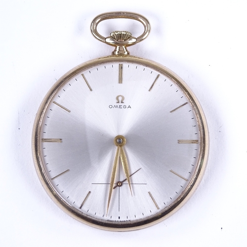 443 - OMEGA - a Vintage 9ct gold-cased open-face top-wind pocket watch, ref. 713877, silvered dial with gi... 