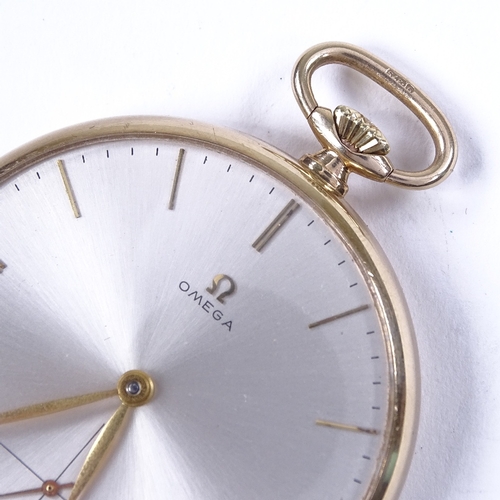 443 - OMEGA - a Vintage 9ct gold-cased open-face top-wind pocket watch, ref. 713877, silvered dial with gi... 