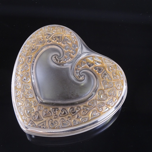 51 - LALIQUE - frosted and stained glass coeur (heart) shaped box, engraved signature, 10cm x 10cm