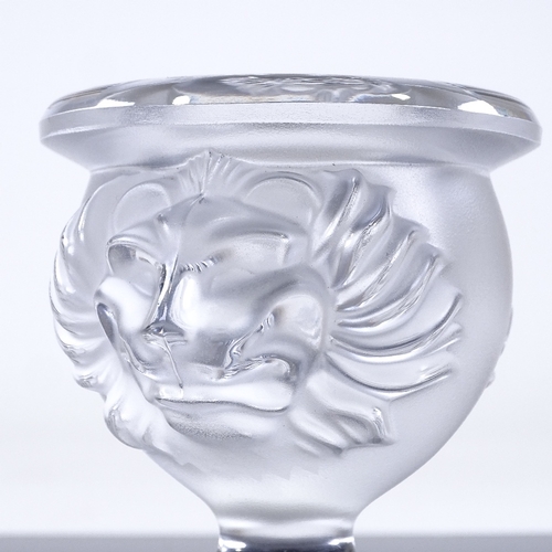 63 - MARC LALIQUE - frosted glass lion mask design vase, height 9.5cm, rim diameter 8cm