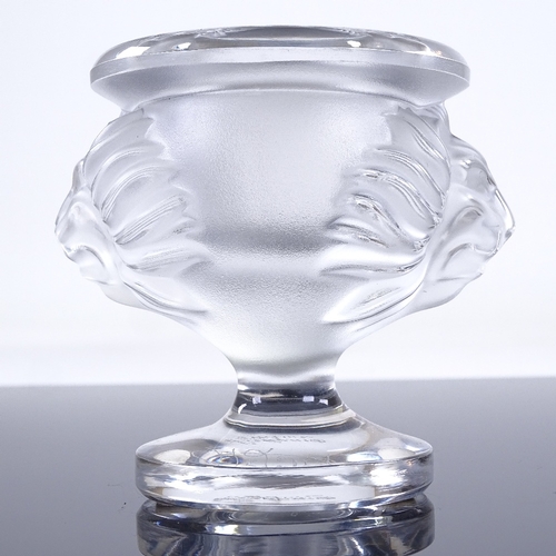 63 - MARC LALIQUE - frosted glass lion mask design vase, height 9.5cm, rim diameter 8cm