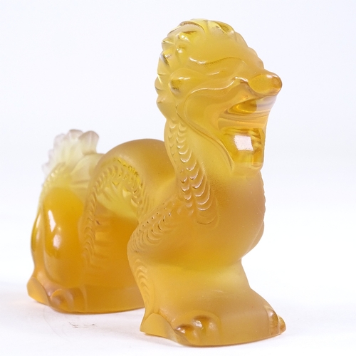 64 - LALIQUE - amber frosted coloured glass, Chinese dragon, length 9cm, engraved signature