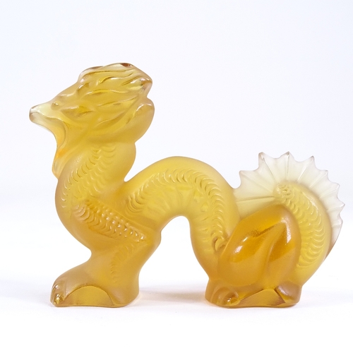 64 - LALIQUE - amber frosted coloured glass, Chinese dragon, length 9cm, engraved signature