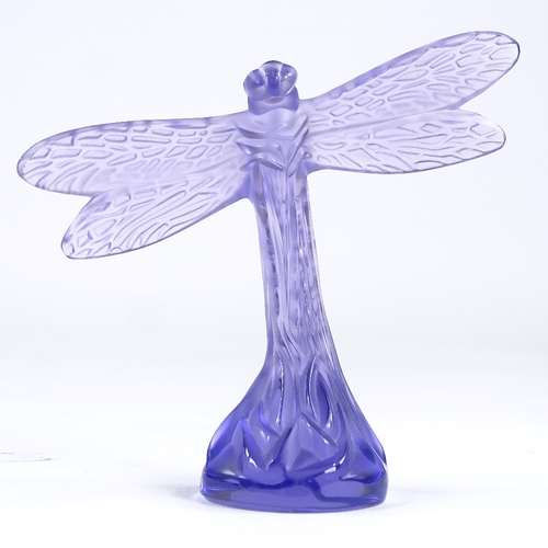 69 - LALIQUE - purple glass dragonfly, engraved signature, wingspan 9.5cm, height 9cm