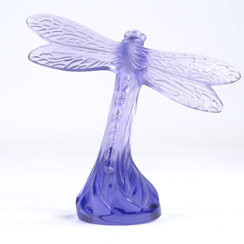 69 - LALIQUE - purple glass dragonfly, engraved signature, wingspan 9.5cm, height 9cm