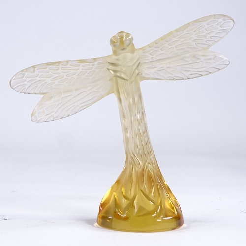 70 - LALIQUE - frosted amber glass dragonfly, engraved signature, wingspan 9.5cm, height 9cm