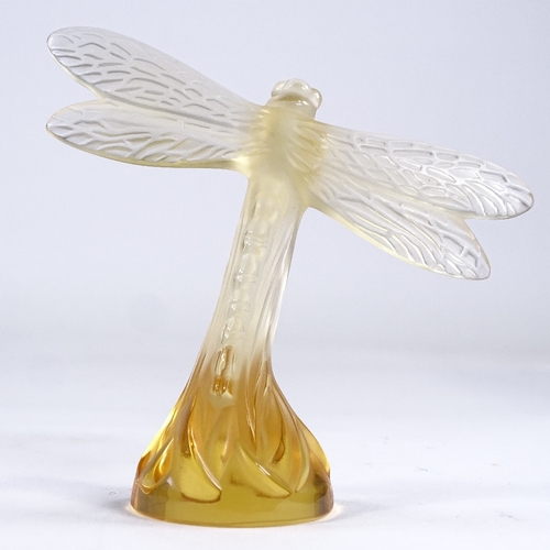 70 - LALIQUE - frosted amber glass dragonfly, engraved signature, wingspan 9.5cm, height 9cm