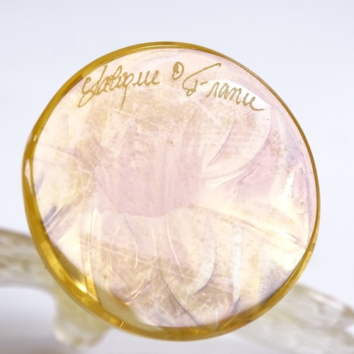 70 - LALIQUE - frosted amber glass dragonfly, engraved signature, wingspan 9.5cm, height 9cm