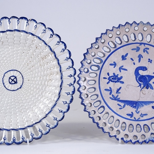 85 - A Wedgwood Creamware basket weave design ribbon plate, diameter 28cm, and a Continental tin glazed p... 