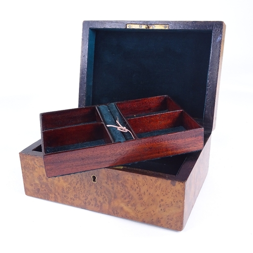 86 - A 19th century French amboyna and tulipwood-banded jewel box, with inlaid brass and ivory marquetry ... 