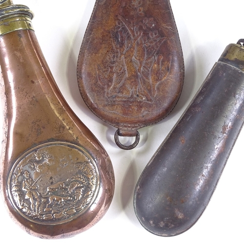 87 - 3 19th century embossed leather and metal powder flasks (3)