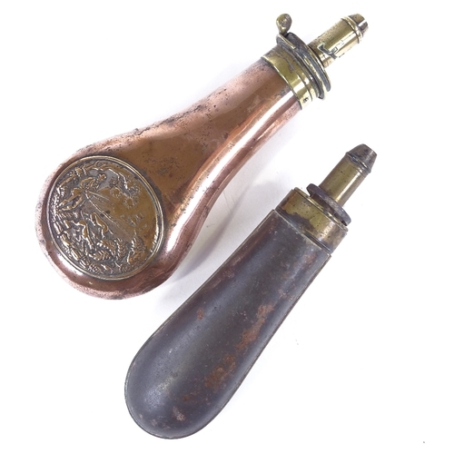 87 - 3 19th century embossed leather and metal powder flasks (3)