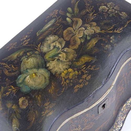 90 - A Victorian papier mache tea caddy, painted and gilded floral decoration, with serpentine front and ... 