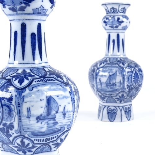 94 - A pair of Delft blue and white glaze narrow-neck vases, with harbour scenes, height 27cm, late 19th/... 