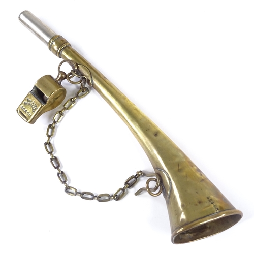 95 - A Vintage brass railway horn, and matching brass whistle on chain, inscribed SB &CR (Surrey Border &... 