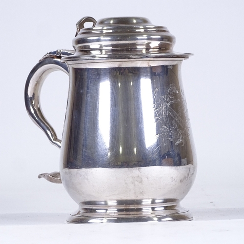 99 - A large electroplate lidded tankard, engraved under base The Benjamin Franklin Tankard, height 20cm