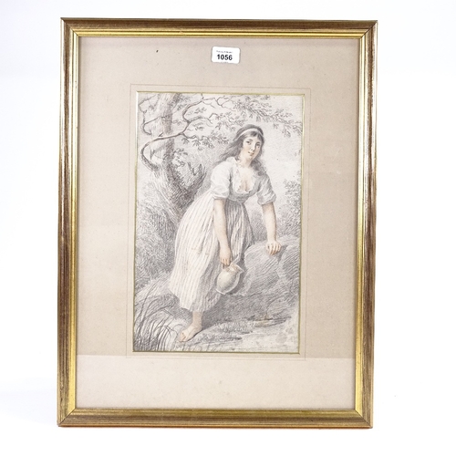 1056 - G Van Den Berg (1769 - 1817), pencil/crayon drawing, girl collecting water, signed, 14.5