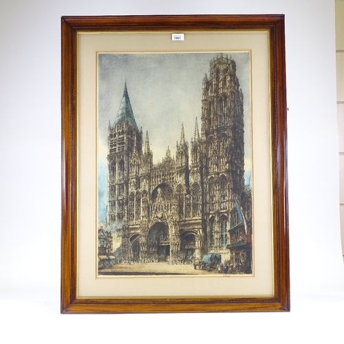 1061 - W Monk, coloured etching, cathedral, signed in pencil, plate size 28