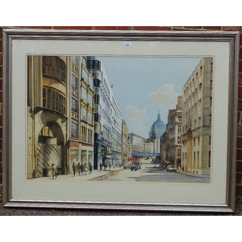 1062 - Bert Wright FRSA, large watercolour, view of Fleet Street, circa 1980s, image 29