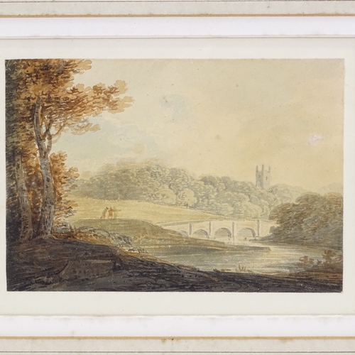 1064 - Attributed to William Payne (1760 - 1830), watercolour landscape, inscribed verso, 4.5