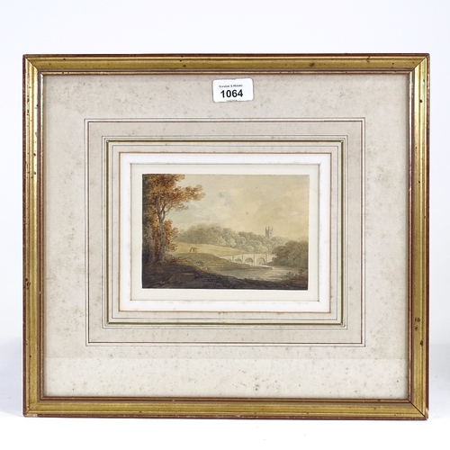 1064 - Attributed to William Payne (1760 - 1830), watercolour landscape, inscribed verso, 4.5