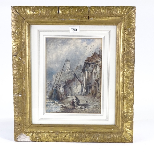 1084 - 19th century watercolour, coastal fishing village, unsigned, 12