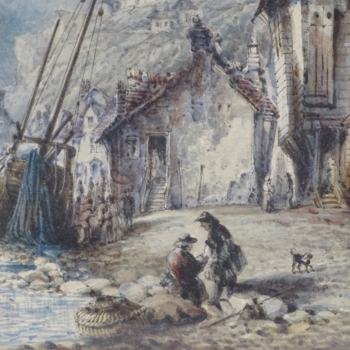 1084 - 19th century watercolour, coastal fishing village, unsigned, 12