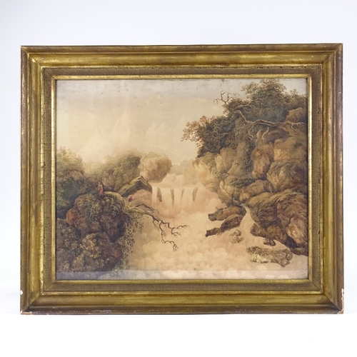 1085 - 18th century English School watercolour, fisherman by a waterfall, unsigned, 17