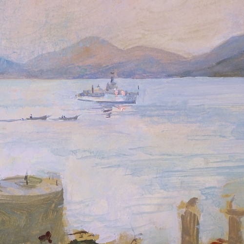 1089 - Lavery, oil on board, battleship off the coast, indistinct monogram, inscribed verso, 8