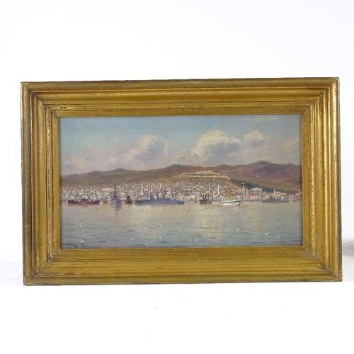 1090 - E Gutman, oil on canvas, warships off the coast, signed and dated 1917, 8