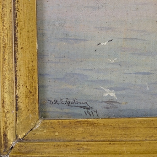 1090 - E Gutman, oil on canvas, warships off the coast, signed and dated 1917, 8