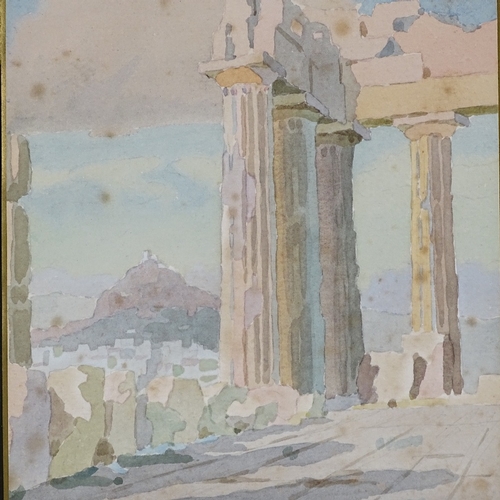 1091 - Greek School, pair of watercolours, view towards The Acropolis and temple ruins, indistinctly signed... 