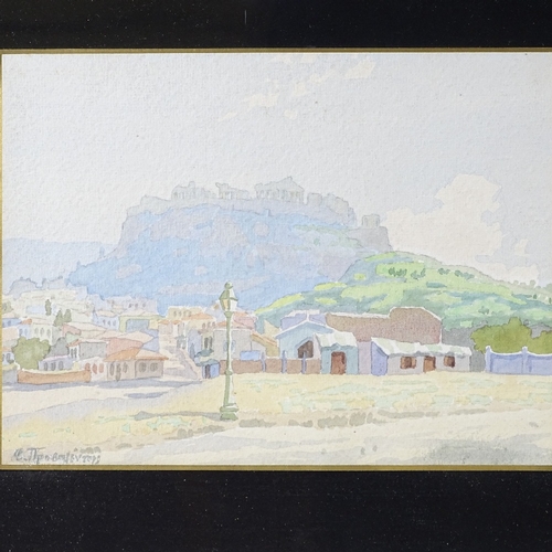 1091 - Greek School, pair of watercolours, view towards The Acropolis and temple ruins, indistinctly signed... 