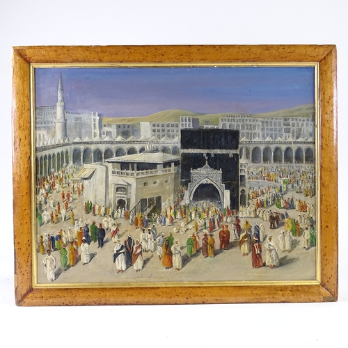 1109 - Early 20th century oil on board, pilgrimage to Mecca, unsigned, description verso, 18