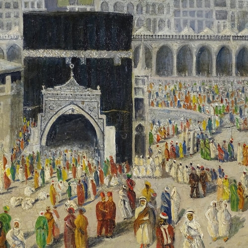 1109 - Early 20th century oil on board, pilgrimage to Mecca, unsigned, description verso, 18