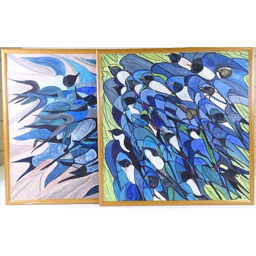 1111 - Lorna Dunn (1920 - 2016), 2 oils on board, abstract bird compositions in blue, signed, 24