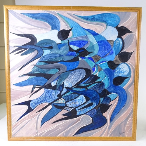 1111 - Lorna Dunn (1920 - 2016), 2 oils on board, abstract bird compositions in blue, signed, 24